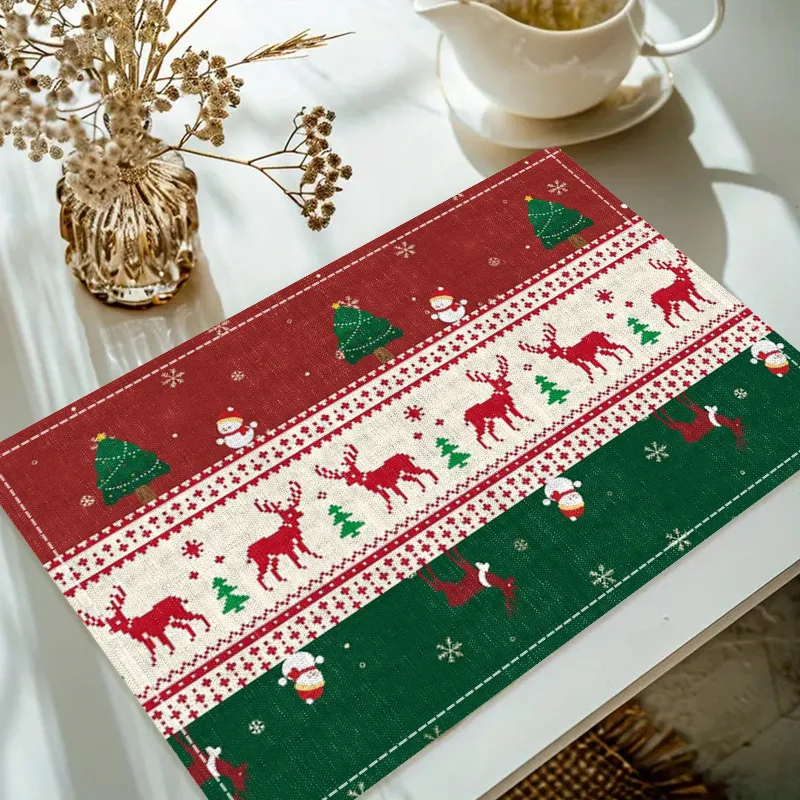 Christmas Linen Placemat Table Coffee Mat Gold Reindeer Tree Snowman Santa Snowflake Red Green Striped Decorative Table Mat