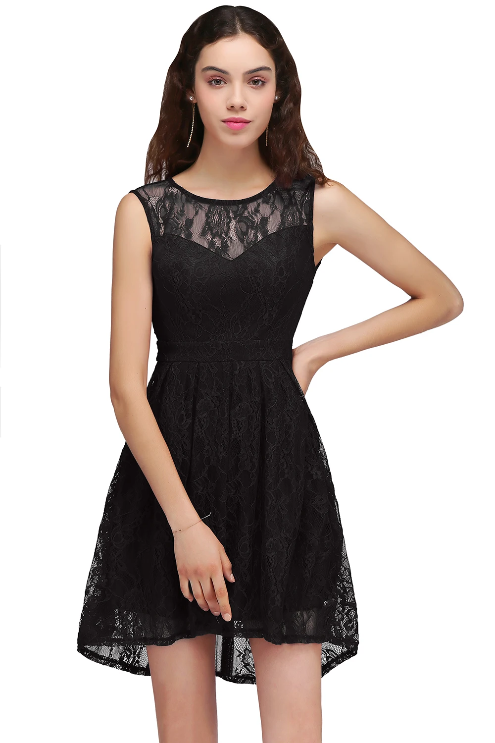 2024 Fashion Black Short Prom Dresses Women Lace Sleeveless A-Line High-Low Formal Evening Party Prom Gowns Robe De Soirée