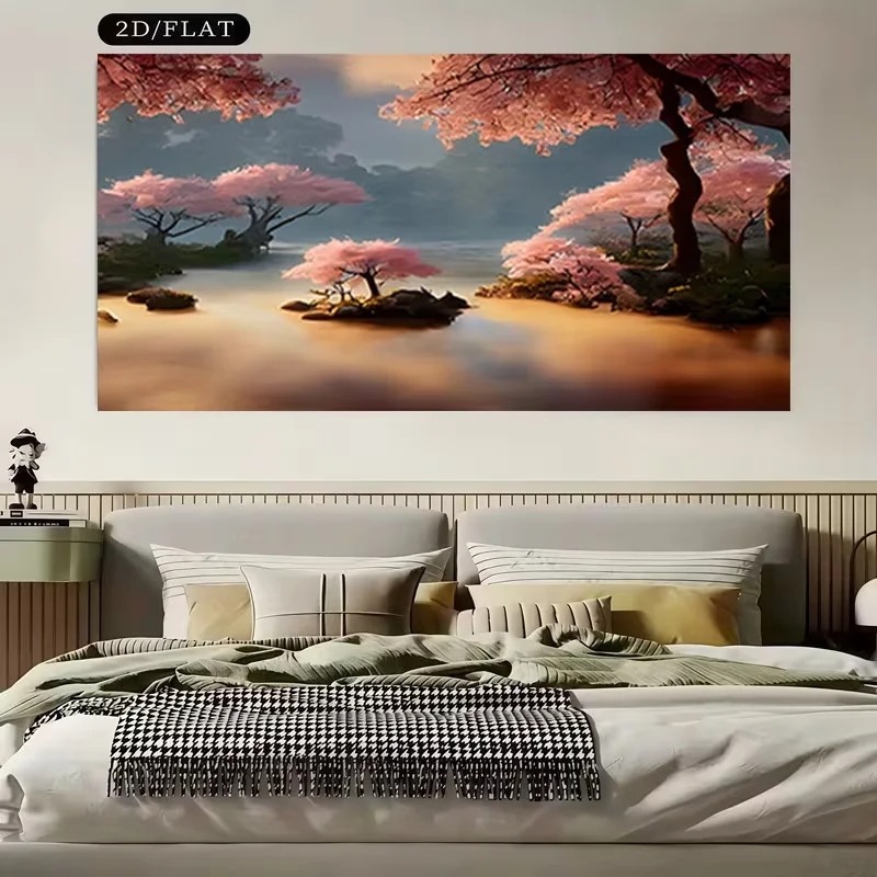 2D Flat, 2D Flat, A Dreamy And Beautiful Pink Cherry Blossom Forest by The River, Presented As a 2D/FLAT Unframed Canvas Paintin