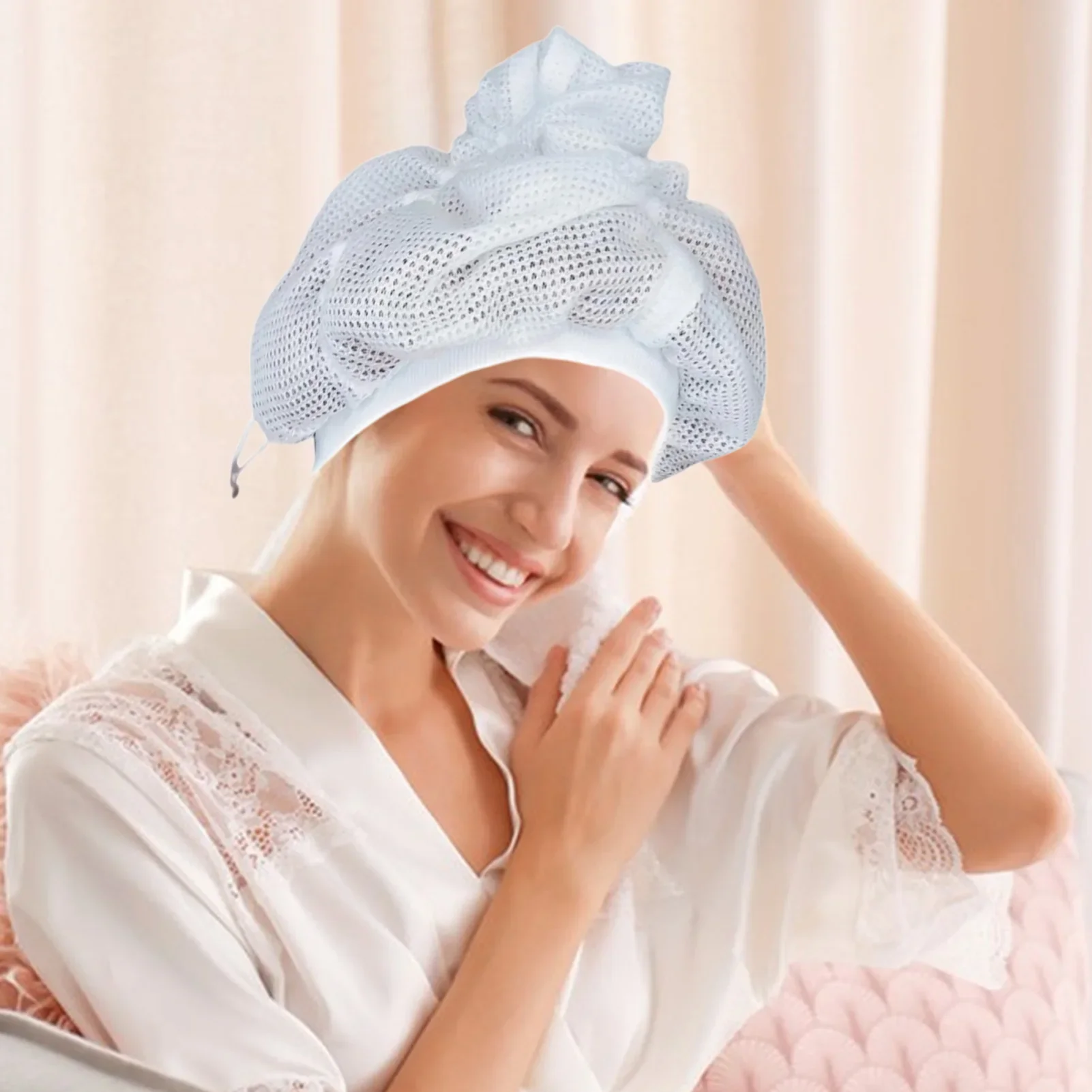 Bonnet de Plopping en filet pour sécher les cheveux bouclés avec cordon de serrage, grand Bonnet de douche réglable, Bonnet de Plopping en maille, accessoires de bain