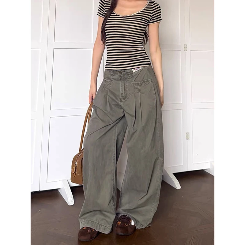 

ZHIZOU Women Gray Y2k Gyaru Jeans Vintage High Waist Baggy Cargo Denim Jean Pants Harajuku Hiphop Grunge Wide Leg Denim Trousers