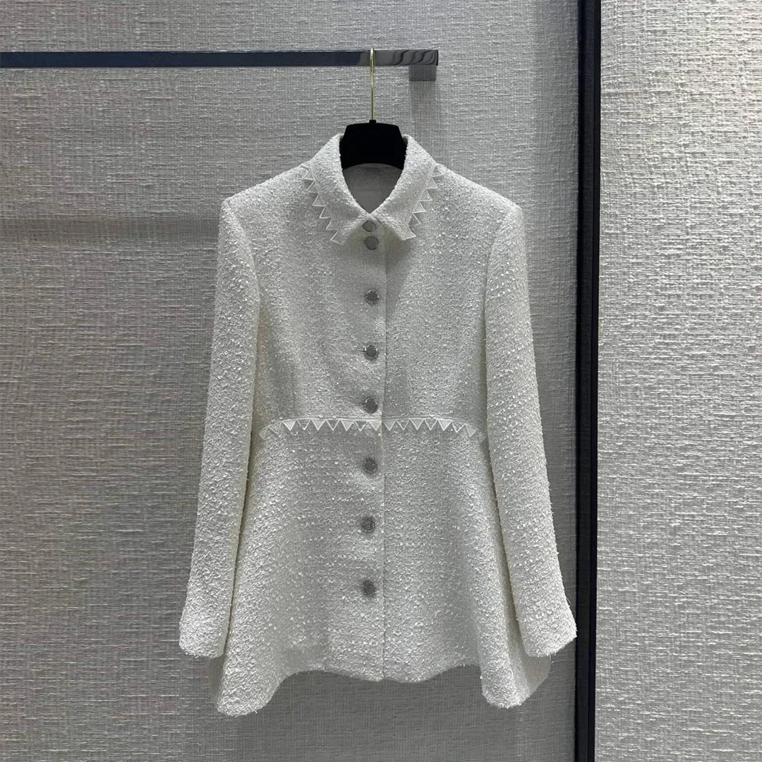 2024 New Fashion Luxury Sequins White Skirt Long Tweed Jacket Women Patchwork Lace Lapel Long Sleeve Single Breasted Sweet Coat