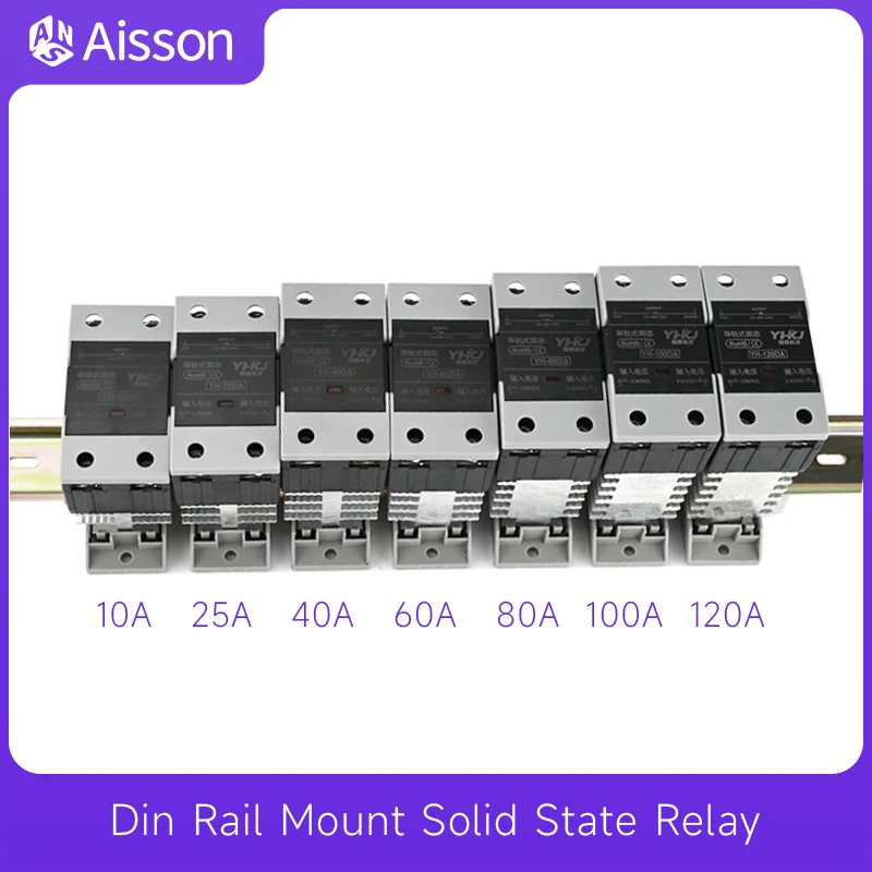 Din Rail Mount Solid State Relay SSR Single Phase DC Control AC AC Control AC With Heat Sink 10A 25A 40A 60A 80A 100A 120A