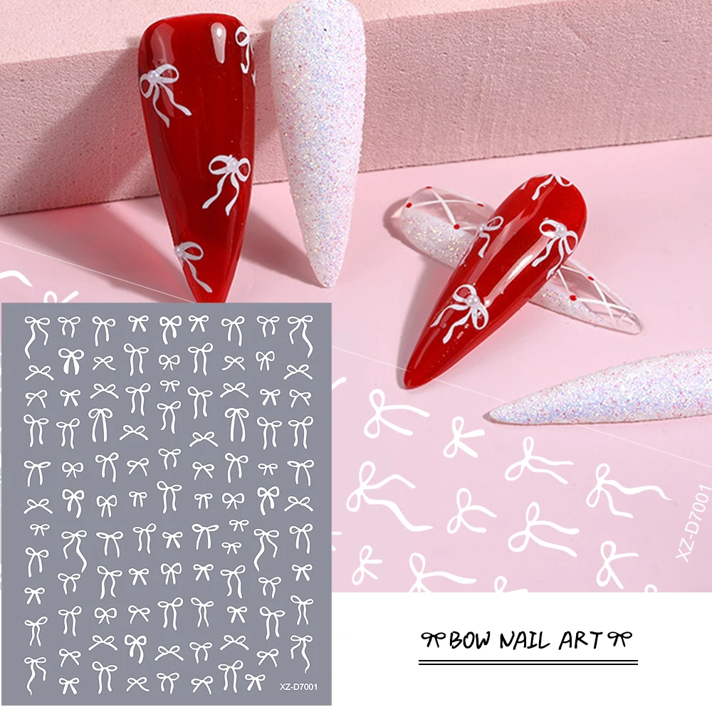 12개입 화이트 리본 하트 네일 아트 스티커 10X8cm 셀프 접착 리본타이 러브 하트 네일 데칼 프렌치 팁 매니큐어 슬라이더 스티커