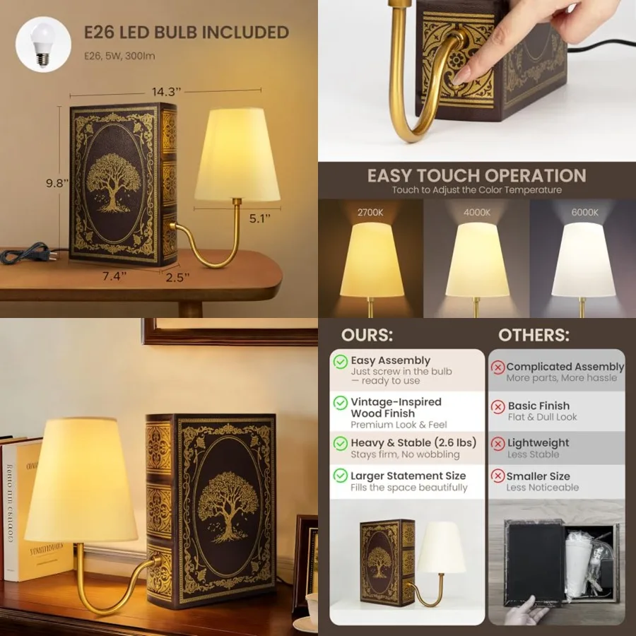 

Vintage Bookshelf Lamp with Bulb, 3-Color Touch Control Dimmable Table Lamp with Linen Shade, Modern Bookend Lamp for Bedroom,