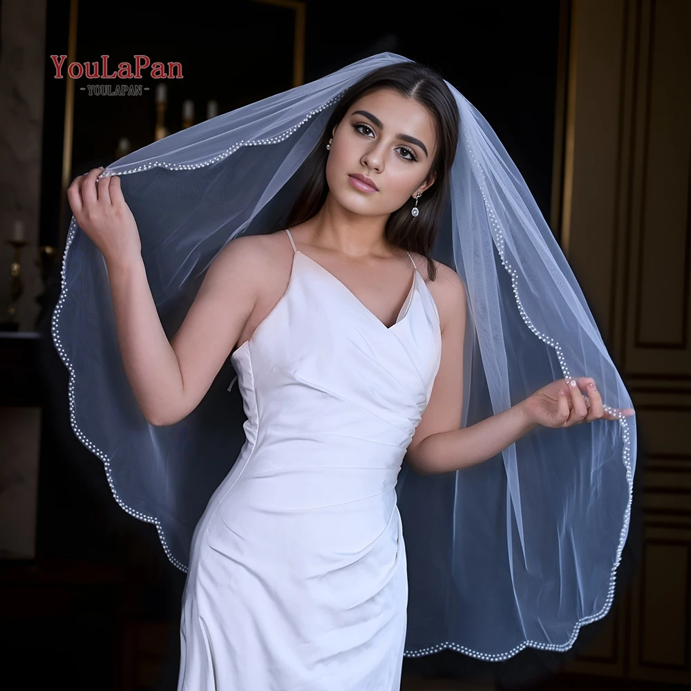 YouLaPan V35 1 Tier Bridal Veils Wedding Crystal Beaded Soft Rainfall Opal Crystal Veil Thin Scallop Pearls Trim Soft Tulle Veil