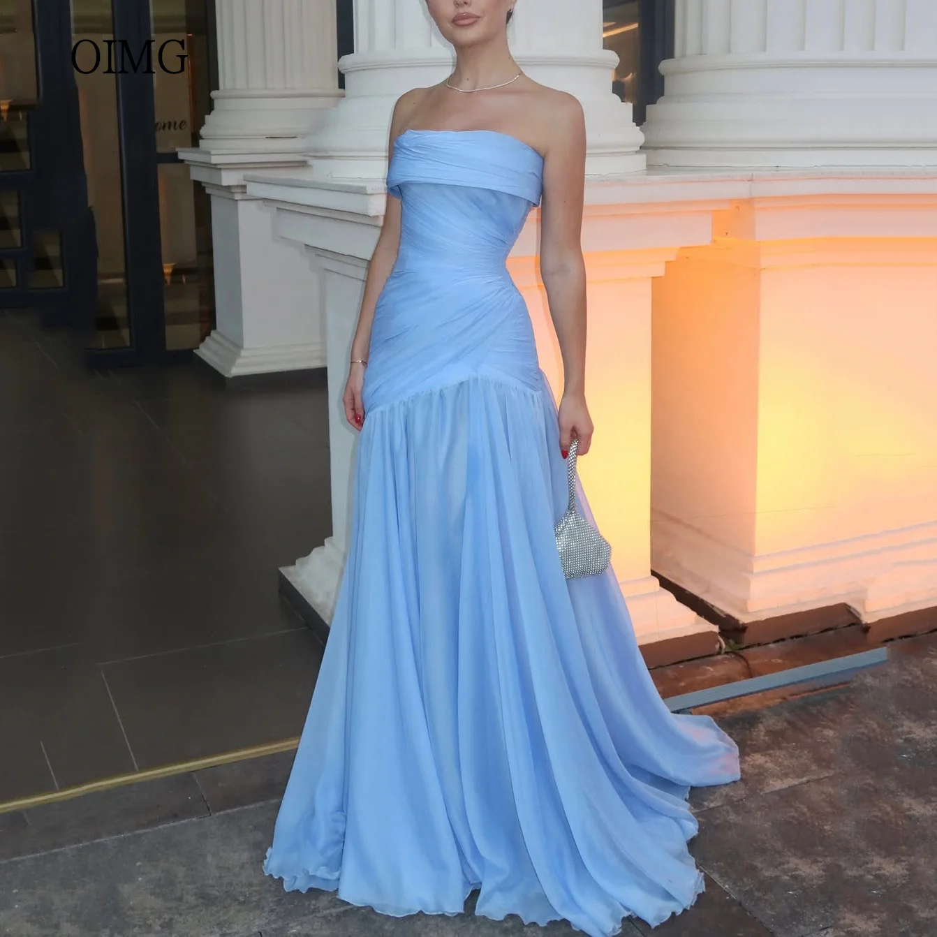 

OIMG Maxi Strapless A Line Prom Gowns Backless Pleated Party Gown Floor Length Evening Dress vestidos de gala Customized