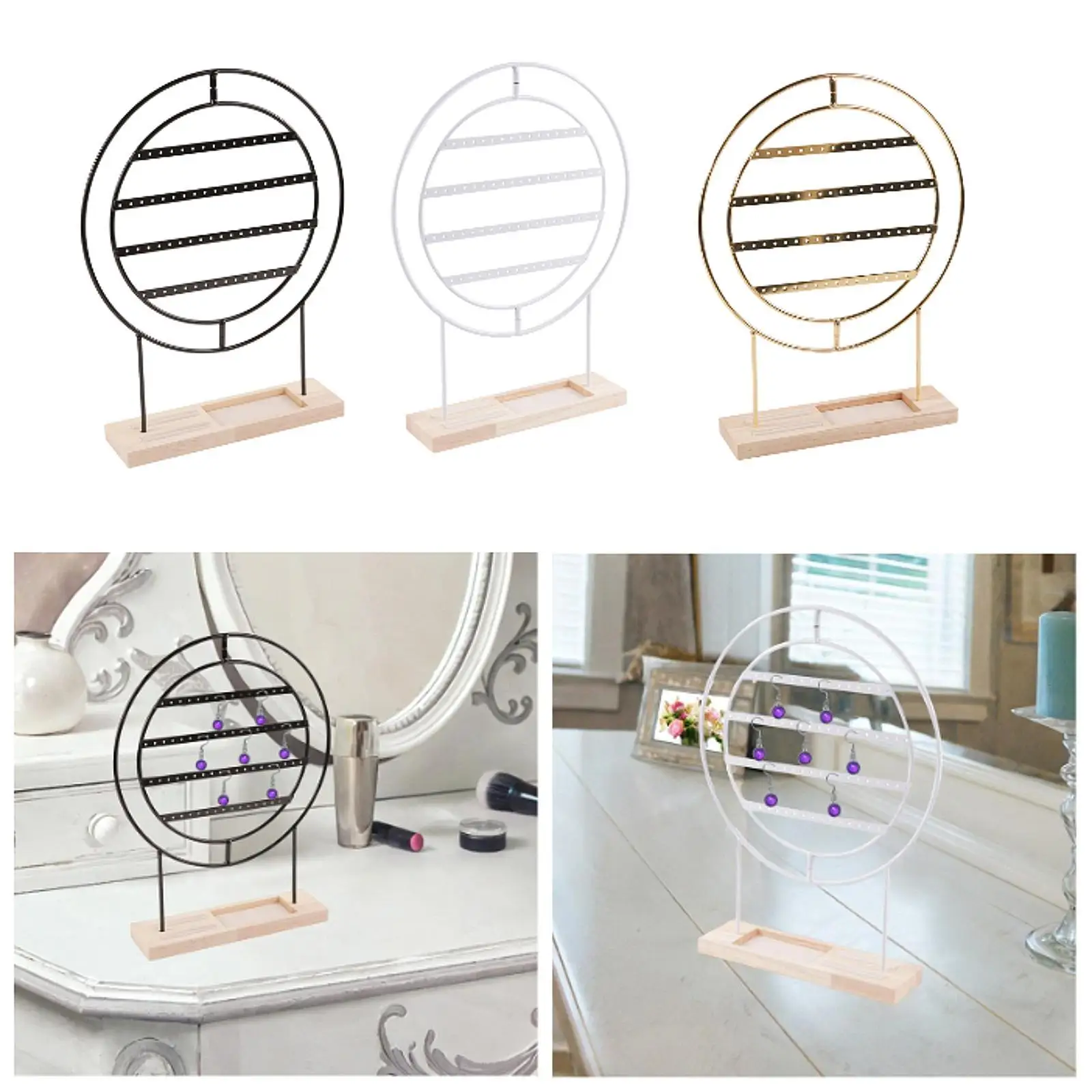 

Earrings Organizer 4 Layers Wooden Base Metal Hanger Large Capacity Earring Collection Holder Jewelry Rack for Countertop Home