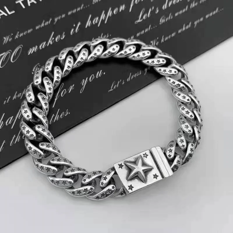 

S925 silver personality pentagram Cuban bracelet domineering European style Vintage Hand Brand Thai Silver Chain Men's Gift