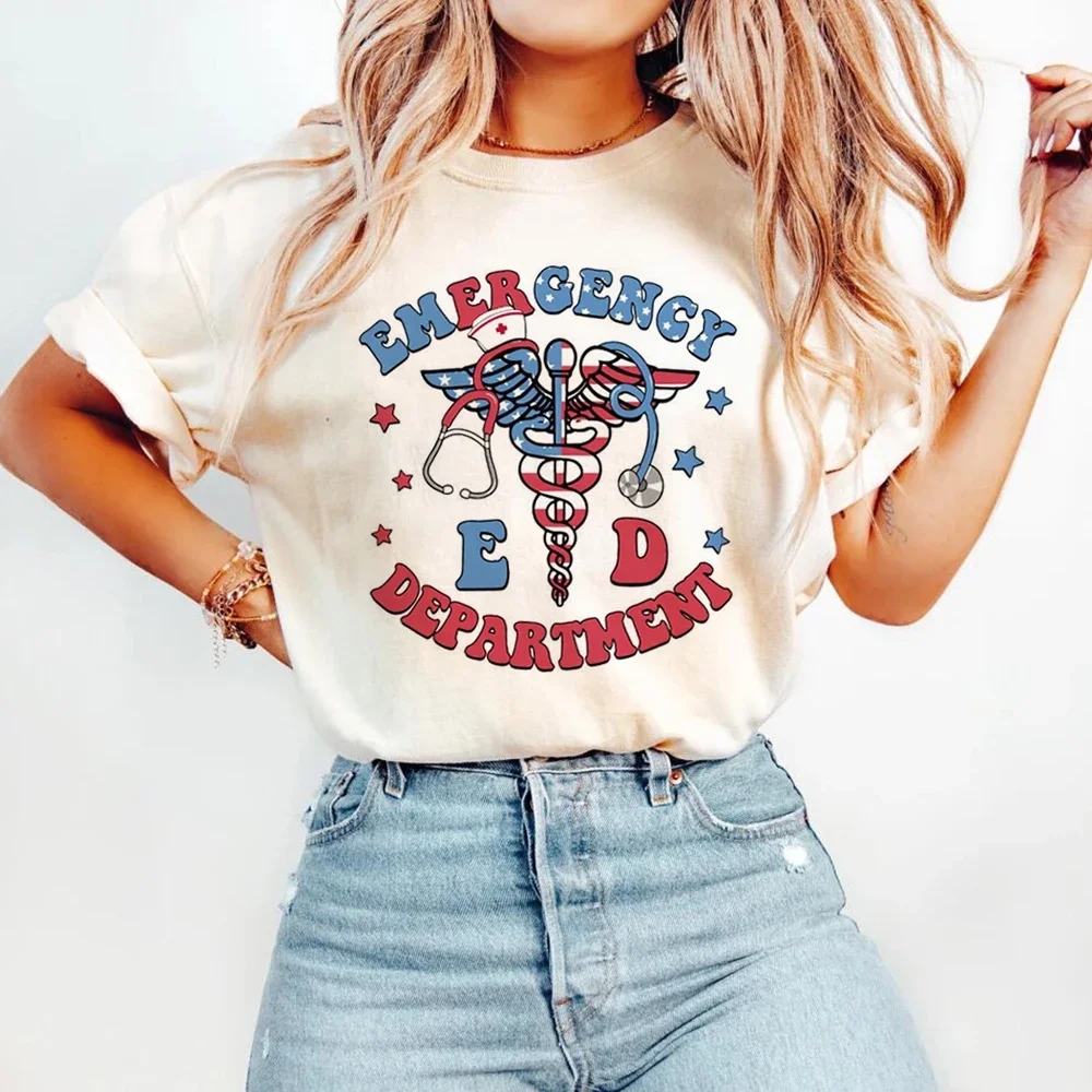 Printed Trendy Patriotic Nurse Emergency Department Pattern Women's T-Shirt Top Fashion Summer Round Neck Printed Short Sleeves