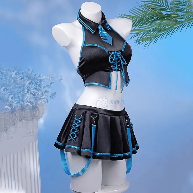 

Сексуальный купальник из двух предметов, купальный костюм на Хэллоуин, карнавальная праздничная одежда, аниме Мику, костюмы для косплея, женский милый топ, юбка, костюм с галстуком