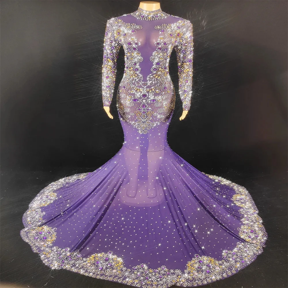 Purple Rhinestone Mirror Elastic fabric Long Dress Women Birthday Stage play Celebrate Dress Dancer Party Show Dress