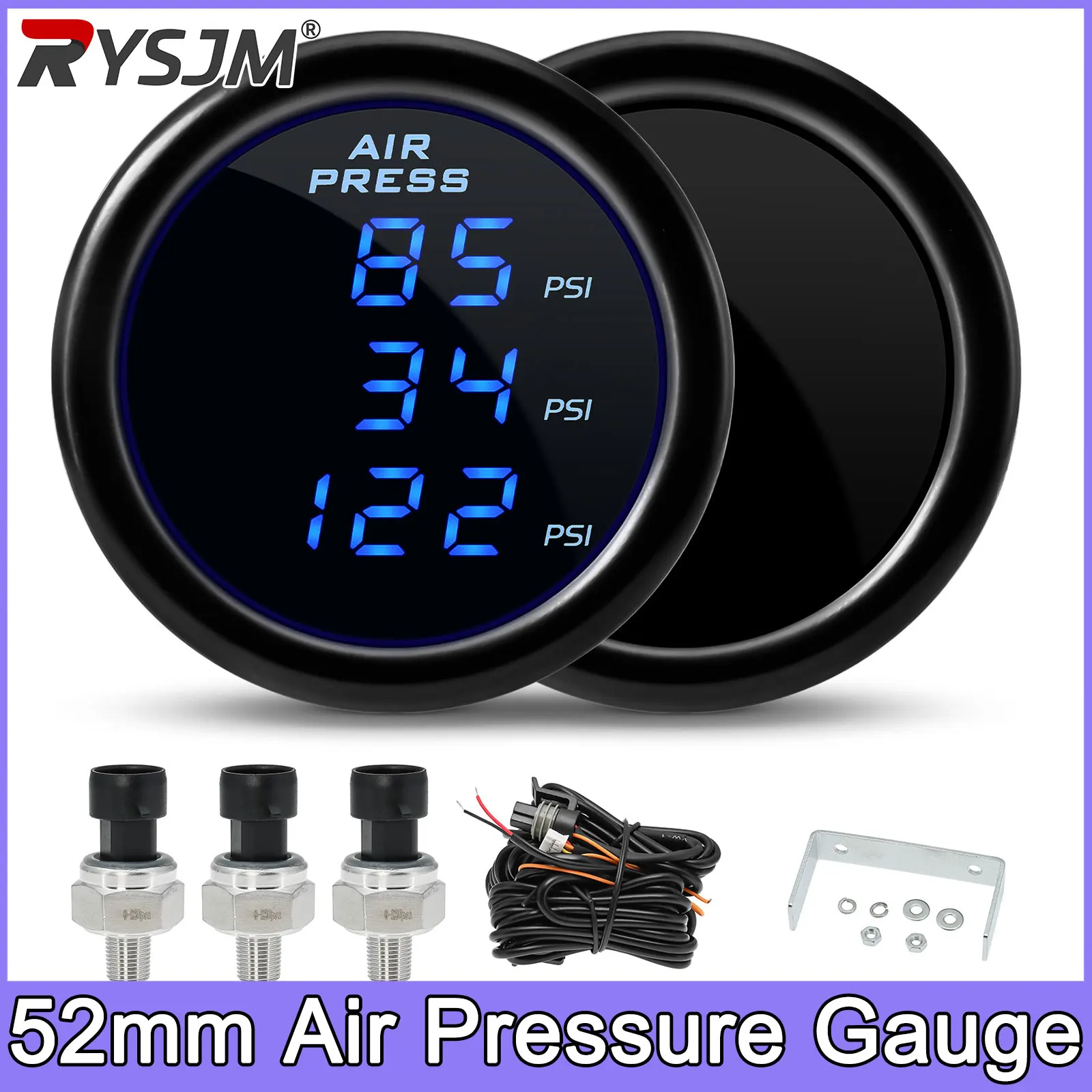 52mm Air Pressure Gauge 220 PSI Digital Display Air Press Gauge PSI Air Suspension Blue LED with 1/8NPT Electrical Sensors Car