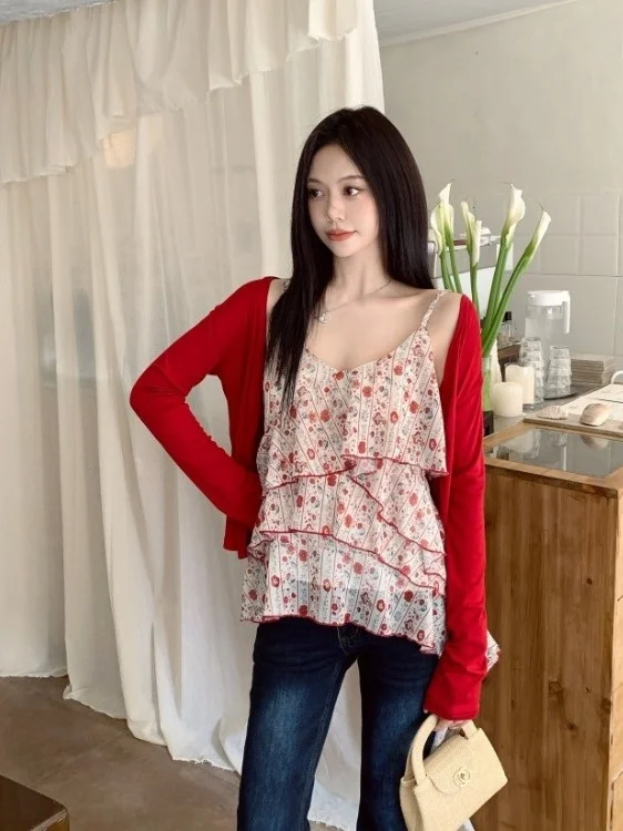 

Summer New plus Size Women's Floral Print off Shoulder Thin Cardigan Set V Neck Sleeveless High Waist A-Line Skirt Commute Style