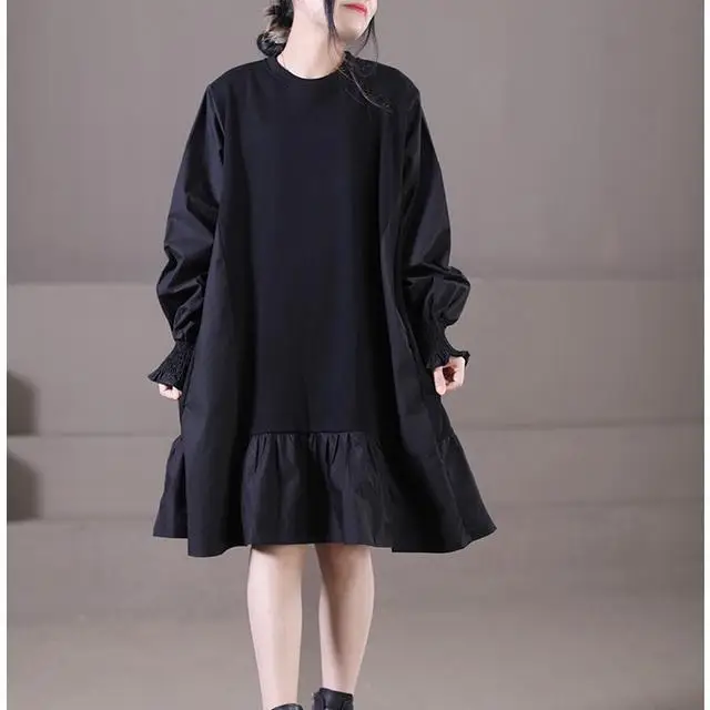 Loose Plus Size Women Bottoming Skirt Patchwork Patchwork Sweatshirt Skirt Autumn Dress Long-sleeved Women Mid-length Dresses