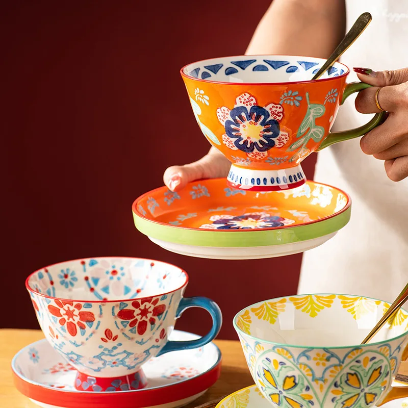 HYS Flower Breakfast Cup High Value Office Cup Ceramic Mug with Lid Couple Water Cup Household Plate