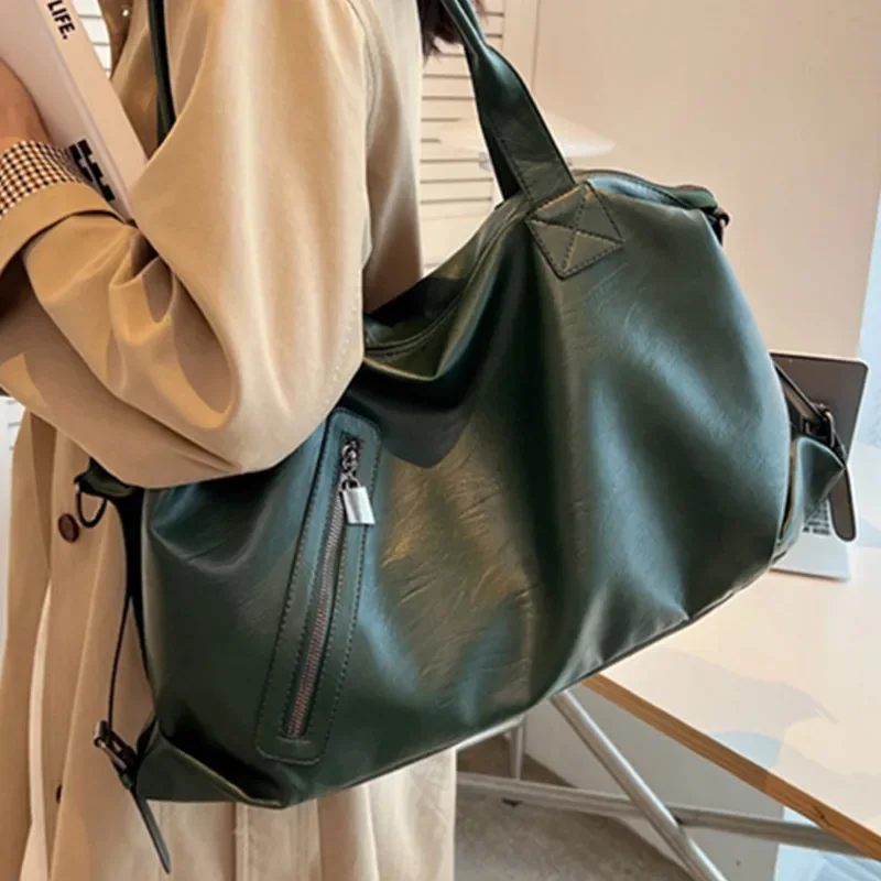 Women‘s Big Green Shoulder Bags Quality Soft Leather Tote Bag New Large Capacity Handbags Lady 2023 Casual All Match Shopper Bag