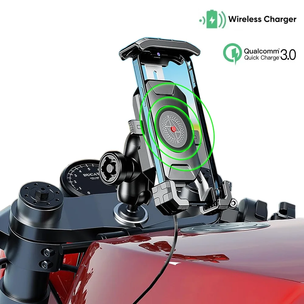 Motorcycle Fork Stem Phone Mount Wireless Charger /USB C Quick Charge Anti-Theft Handlebar Fits for Kawasaki, Ducati, Honda, BMW