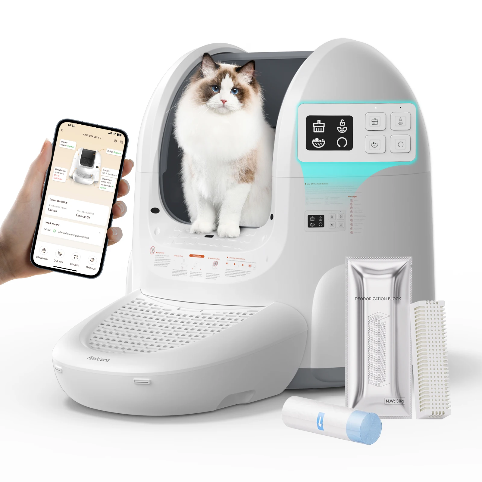 Amicura Cura 2 bac à litière pour chat détection à 360 degrés toilettes pour chat autonettoyantes intelligentes Anti-piège App contrôle 65L Anti-odeur