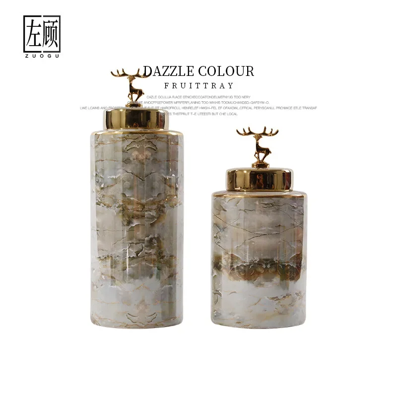 

Nordic Marble Texture Storage Jar Home Desktop Decor Ornaments Ceramics Candy Jar Golden Deer Cover Storage Box Home Decoration