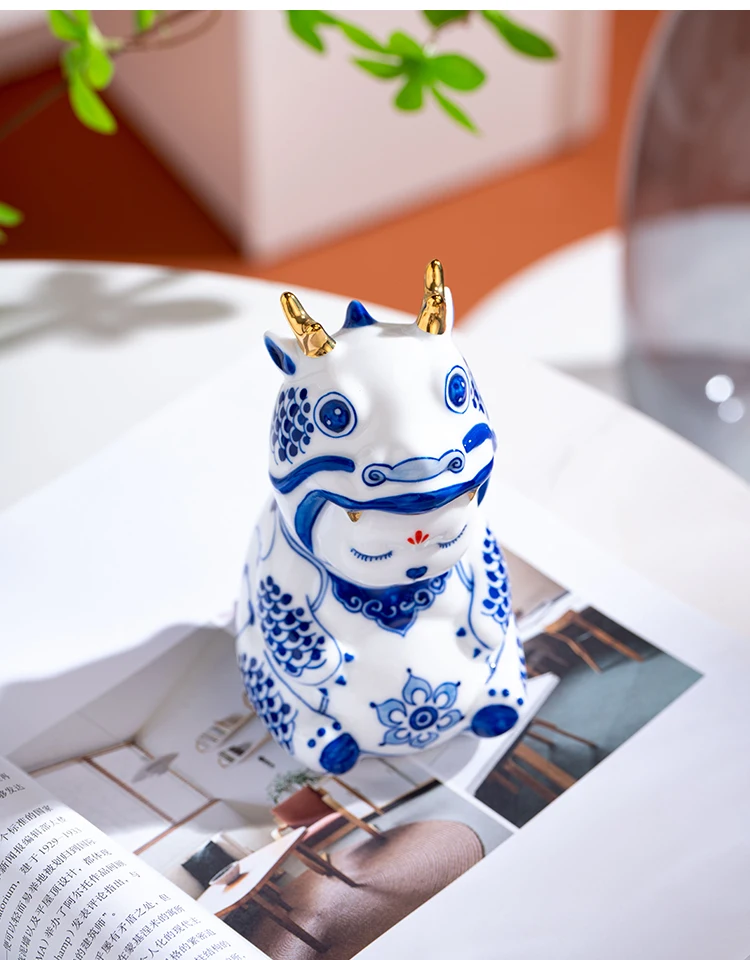 Ceramic Blue and White Dragon Ornament Cute Desktop Home Decor Birthday Gift for Friends