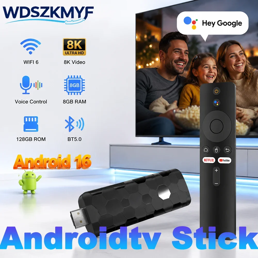 WiFi6 Android 16 TV Stick 4K 8K Ultra HD Video Decoder Bluetooth Smart TV Box Voice Remote Smooth Fast Streaming for Netflix You