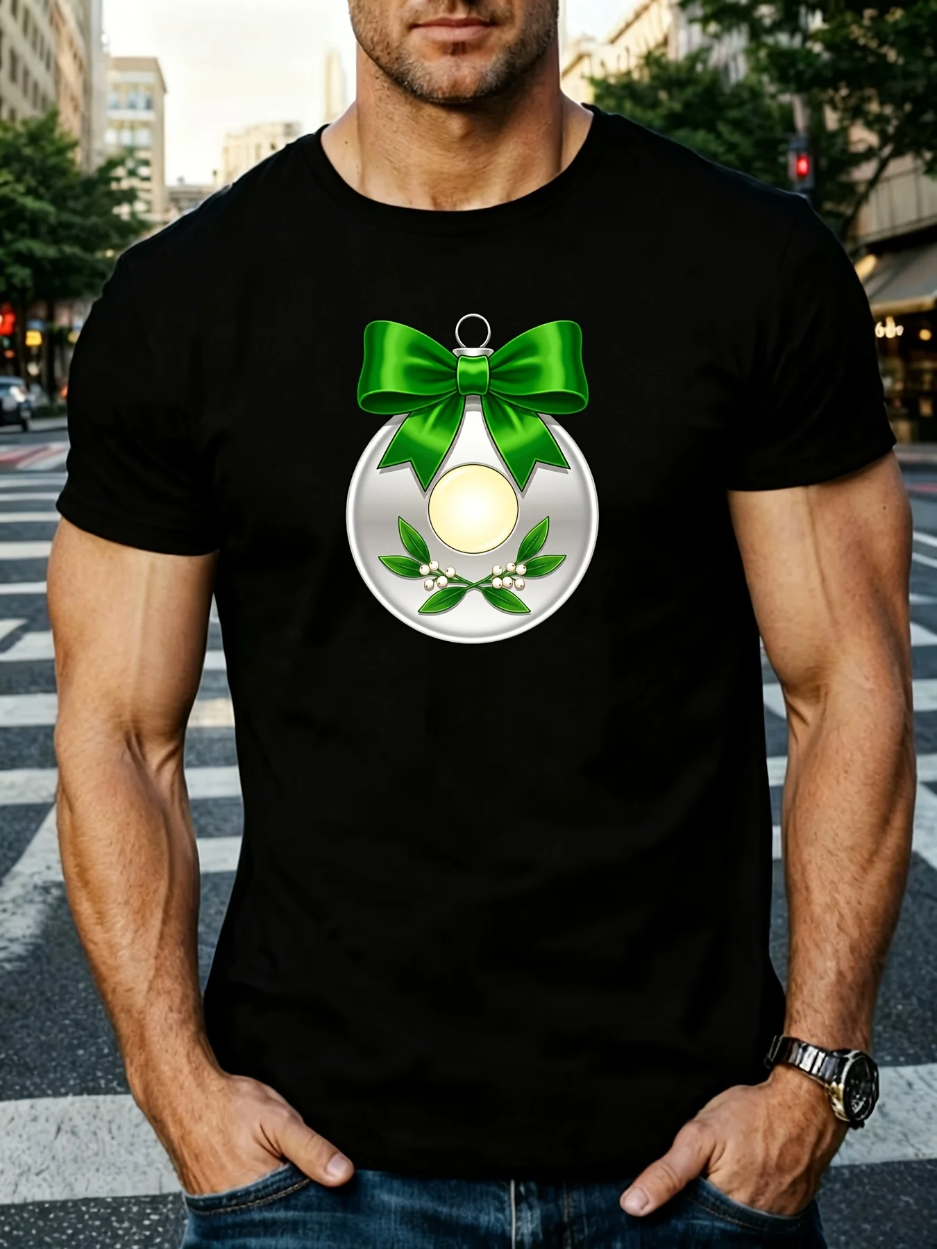 Holiday-Style Men's T-Shirt with Silver Trim, Green Bow, and Berry Wreath Design; a Perfect Gift for Family and Friends during the Christmas Season; Retro Casual Crew Neck Printed T-Shirt