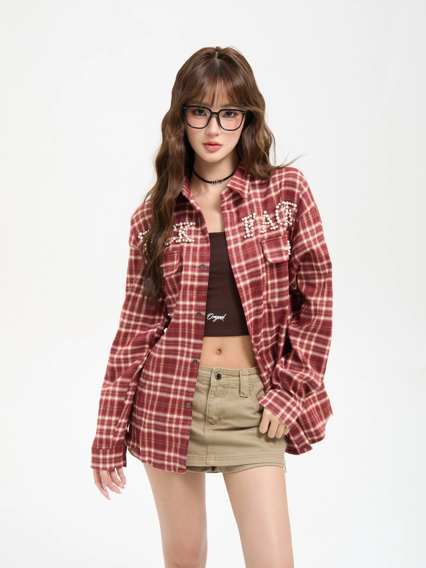 

7KEEWEN American Retro Plaid Long Sve Red irt Casual Top Outerwear Spring Autumn Season Women's Faion Neutral Sle