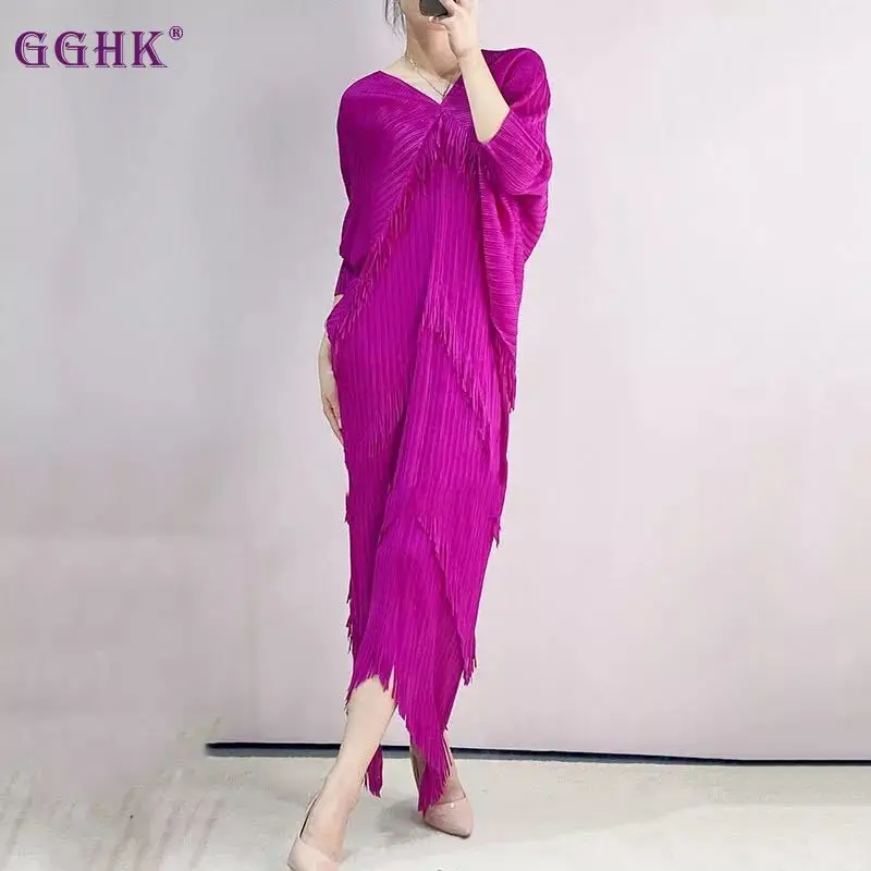 

GGHK Miyake Women's Pleated Dress Tassel Batwing Sleeve Loose Casual Style V Neck Dress 2023 Spring Fashion Now!