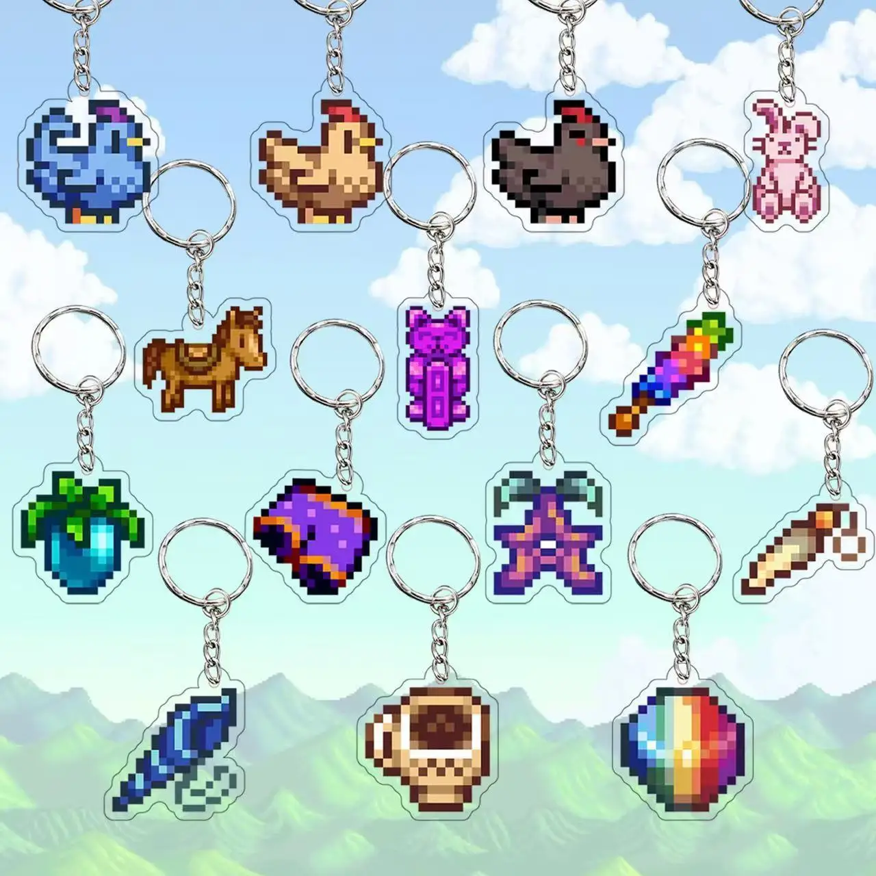 Cozy Farm Life Pixel Art Keychain Bag Pendant Cute Countryside Acrylic Keychain Gift Style Charm Decor Vintage Game Inspired