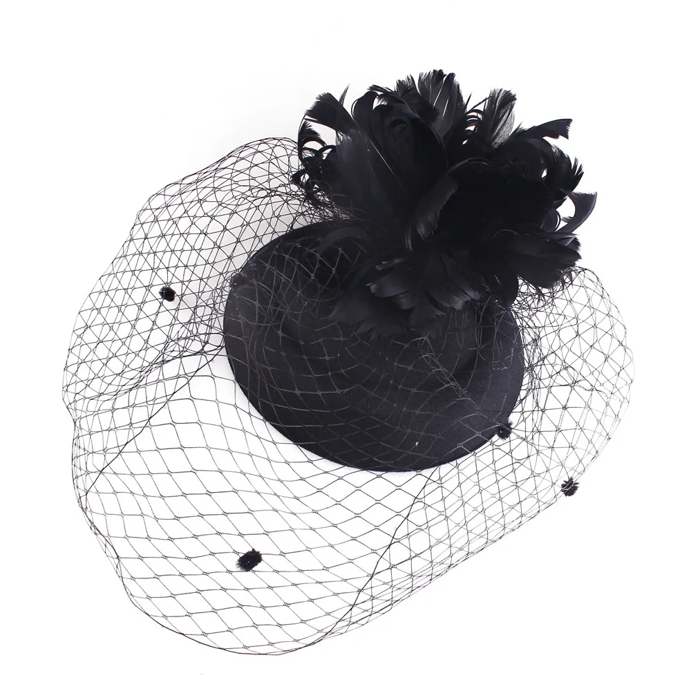 Women Black Fascinator Veils Hat With Clip Phillbox Feather Hair Clip Cocktail Tea Party Hair Accessories Ladies Net Headwear