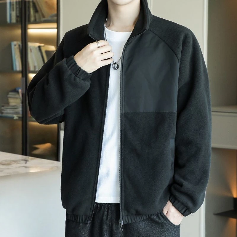 

Новая мужская осенне-зимняя плюшевая флисовая куртка, теплый утолщенный кардиган с воротником-стойкой и лоскутным флисом, мягкое ощущение премиум-класса