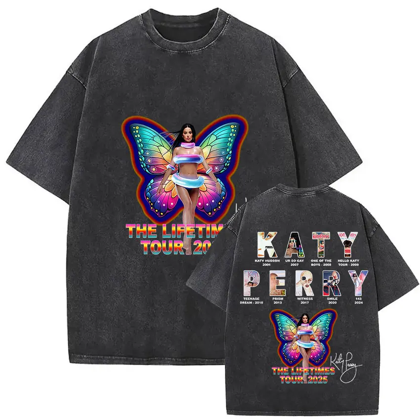 خمر غسلها كاتي بيري 143 جولة الألبوم 2025 المشجعين هدية تي شيرت الرجال النساء الصيف الجمالية قصيرة الأكمام تي شيرت 100% القطن تيز