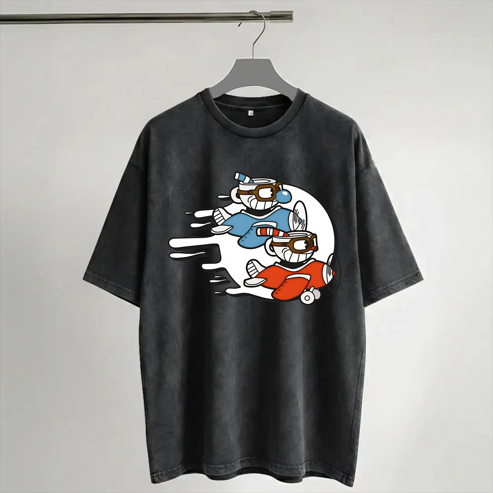 Cuphead and Mugman cup mug Washed T Shirt Streetwear Hip Hop Vintage T-Shirts  Tees Men Women Short Sleeve Harajuku