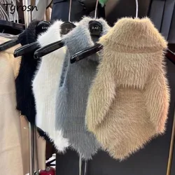 Sweet Crop Knitwear Tanks Tops Women Autumn Winter Turtleneck Furry Backless Hot Female Sexy Design Stylish Party Clubwear New