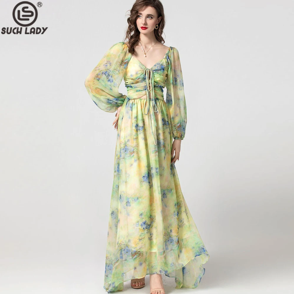 Women's Dress Sweatheart Neckline Long Lantern Sleeves Printed Sexy Keyhole Elegant Maxi Runway Vestidos