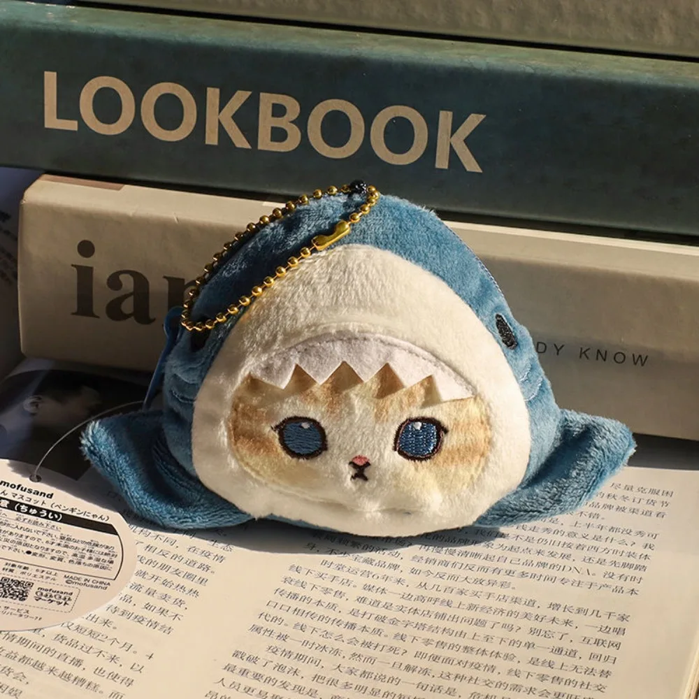 Porte-clés en peluche requin et chat pour fille, porte-clés, portefeuille, sac à dos mignon, pendentif, rangement, petit sac, mini sac pour écouteurs beurre, cadeau pour fille, porte-monnaie