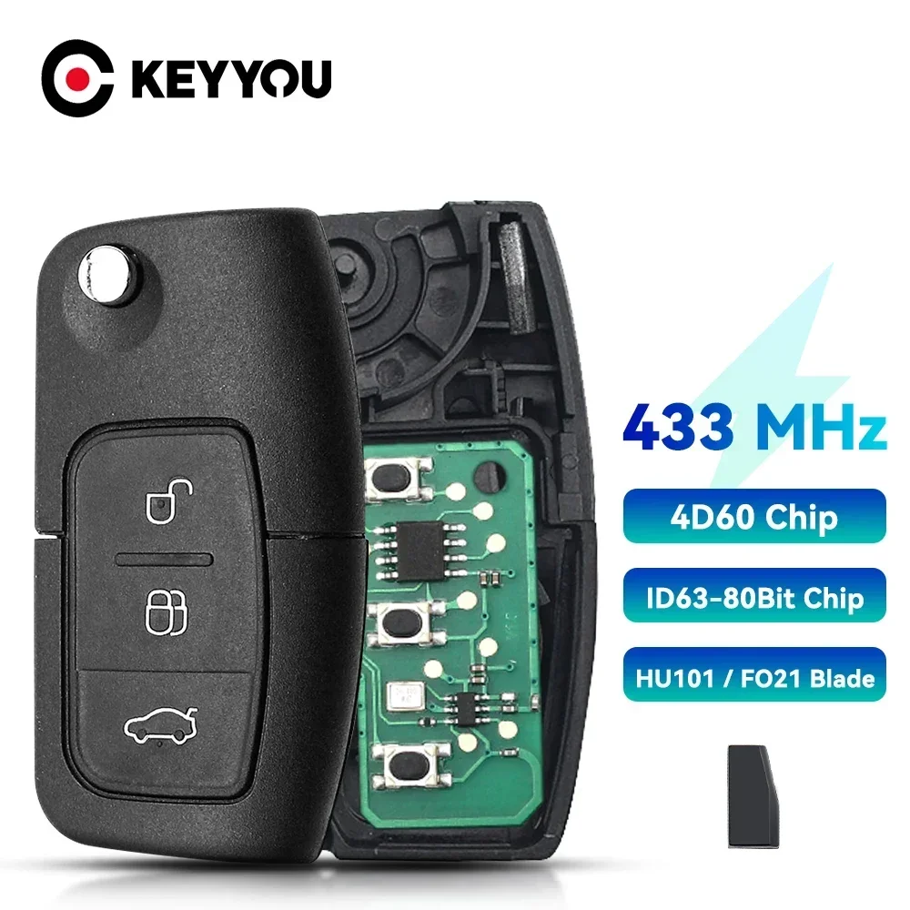 KEYYOU 433MHZ 4 d60 Chip chiave a distanza per Auto adatta per Ford Fusion Focus Mondeo Fiesta Galaxy Automobile FO21 Blade Flip Auto Key