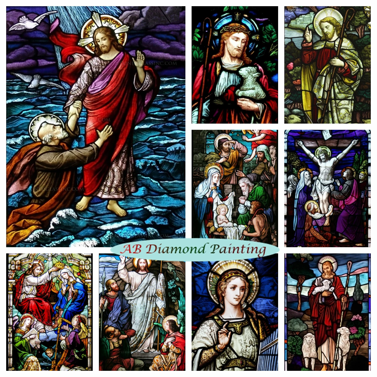 

Religious Stained Glass Window AB Diamond Painting Jusus Mother Mary Rhinestones Embroidery Cross Stitch Kit Home Wall Decor