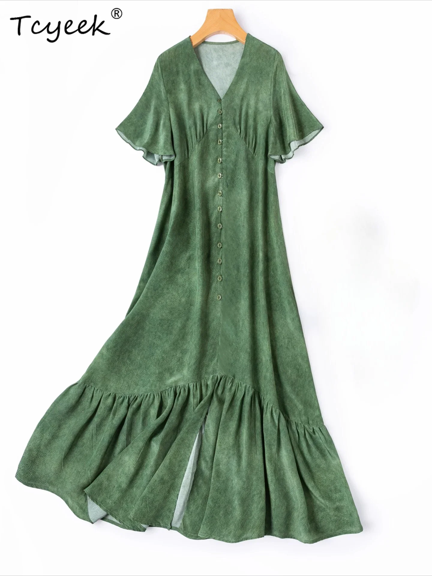 Tcyeek 100% Natural Silk Beach Dress Elegant Womens Dresses Soft Vintage Green Summer Clothes Loose Fit Maxi Dress for Women