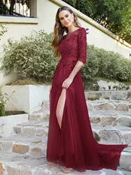 A-line Scoop Neckline High Slit Applique Half Sleeves Elegant Dresses For Women Floor-length Dresses For Special Events Prom