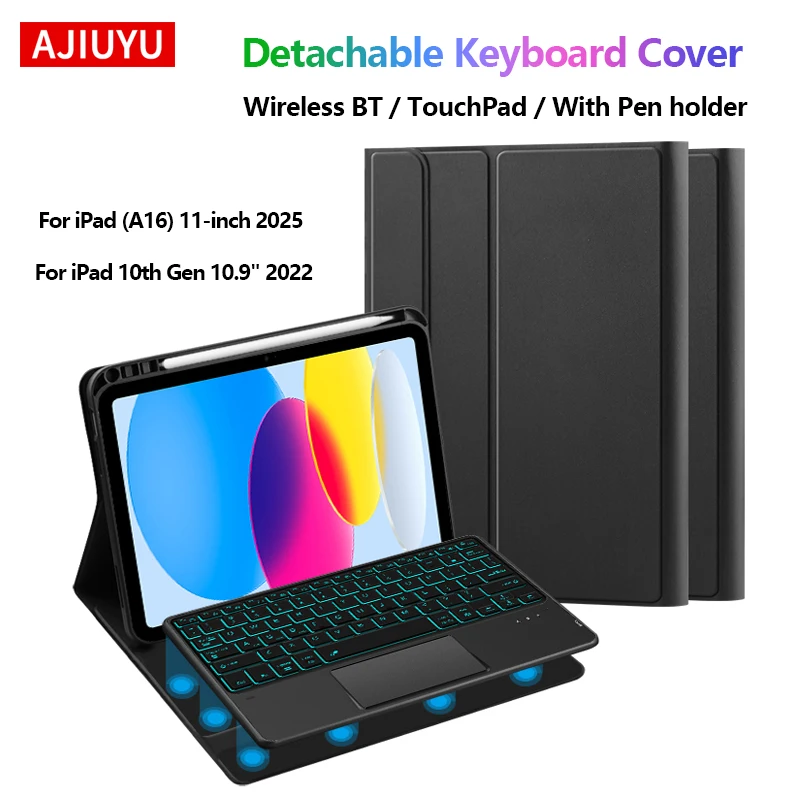 

Съемный чехол с клавиатурой для iPad 10, iPad 10 10-го поколения, 11 дюймов, сенсорная панель 11-го поколения, подсветка, умный чехол с держателем для карандашей