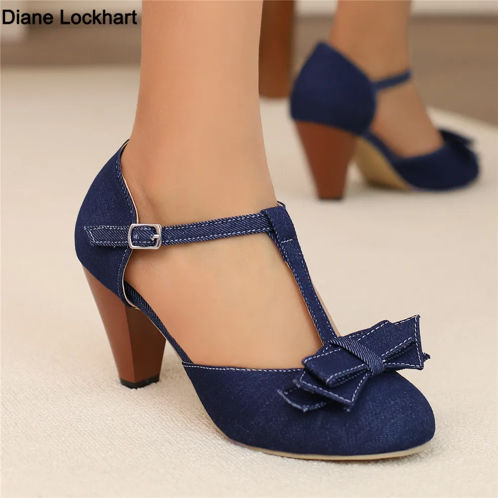 

2024 Spring Summer Girls High Heel Shoes Denim Women's Pumps T-Buckle Fashion Spike Heels High Heels for Office Party Banquet