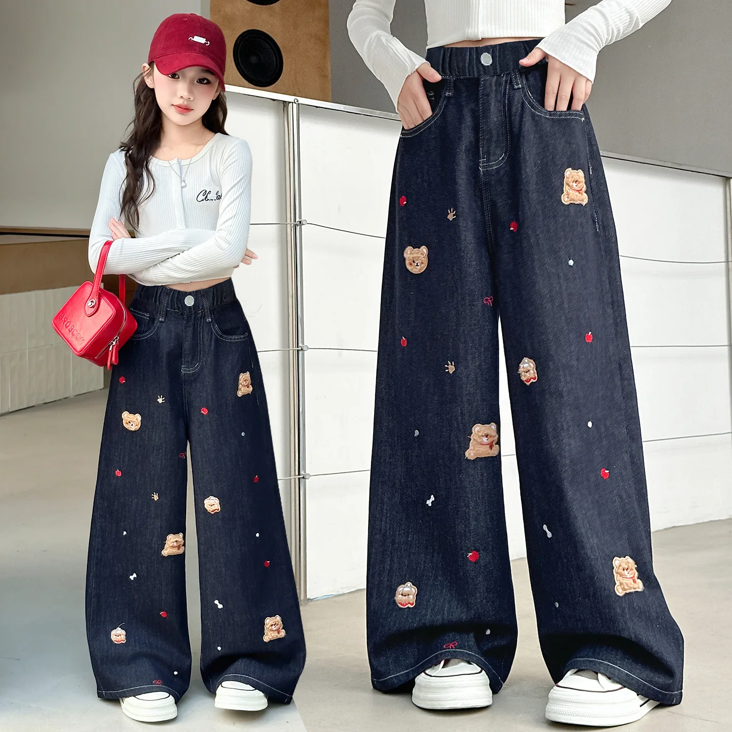 Spring Autumn Girls Denim Pants Children Trousers Kids Cartoon Sticker Embroidery Shaped Embroidery Straight Leg Jeans 4-14Years