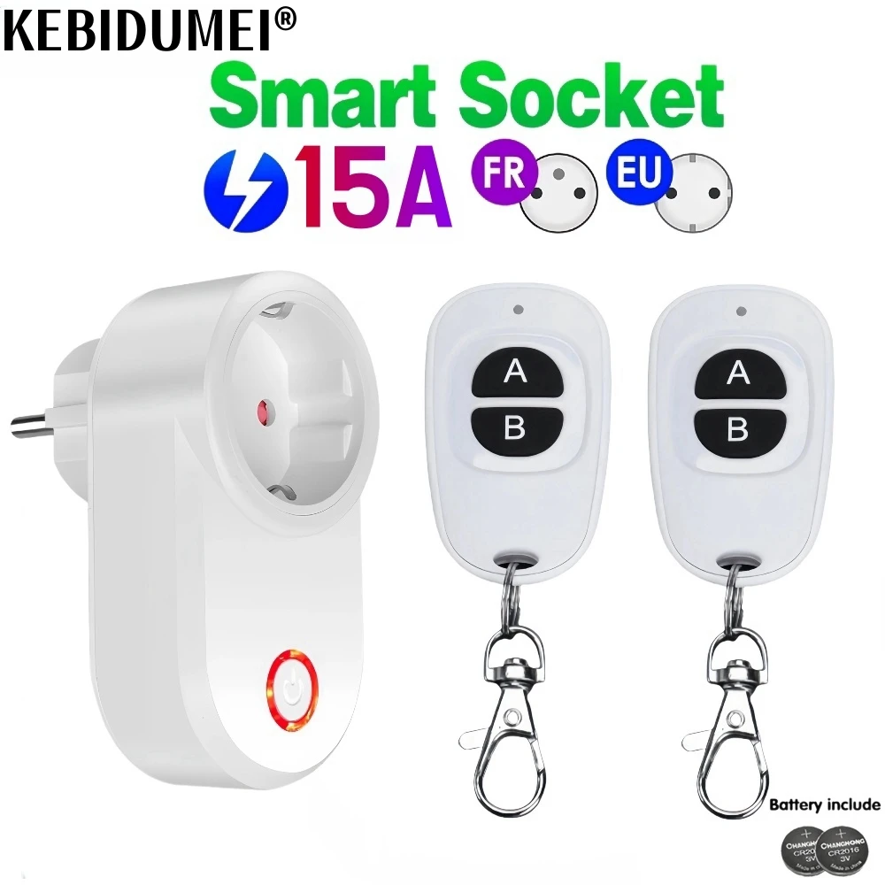 433Mhz Wireless Smart Outlet Remote Control Socket EU FR Waterproof Remote 15A 110V 220V RF Plug for Home Appliances Lamp ON OFF