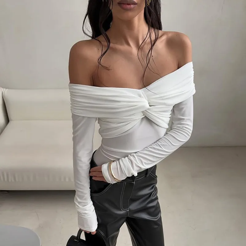 

Talenza Women White Top Fashion Off-Shoulder Twisted Patchwork Slim-Fit New Long-Sleeve Top Solid Commuter Streetwear Female Top