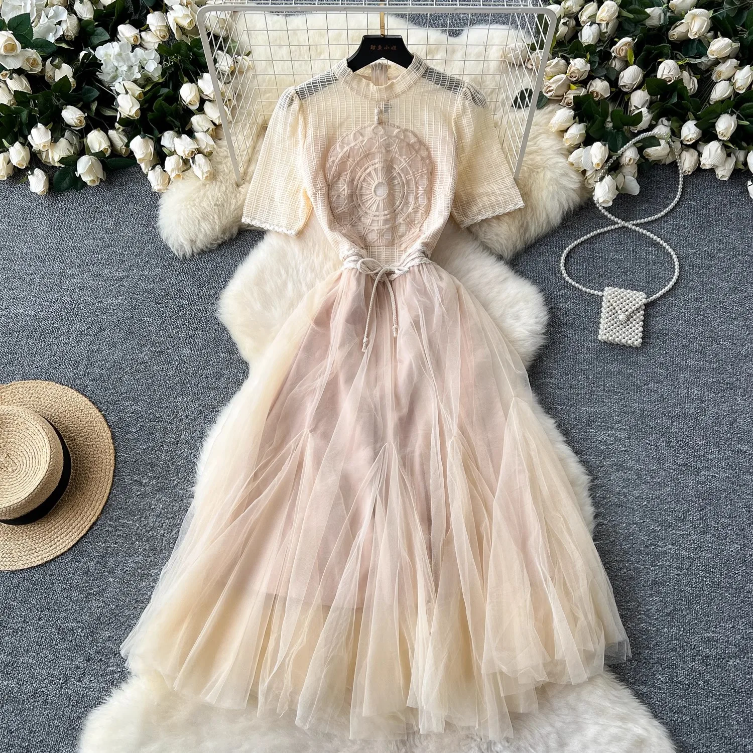 Summer Elegant Hollow Out Flower Embroidery Lace Spliced Organza Dress Women's Stand Lantern Sleeve Holiday Beach Party Vestidos