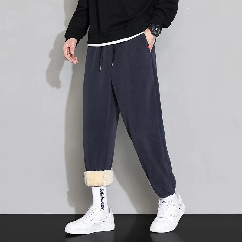 Men's Winter Warm Polar Fleece Cotton Pants Solid Color Casual Pants Autumn Sports Jogging Training Pants Large Size Fat Pants