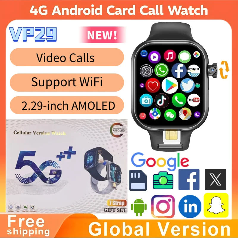 

VP29 5G Smart Watch 2.29 AMOLED Display Android 10 OS Rotating Camera GPS WiFi NFC Google Play Waterproof Heart Rate Monitor