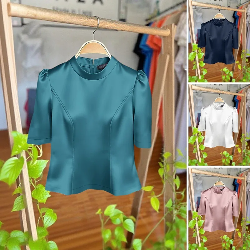 

ZANZEA Elegant Summer Satin Blouse Office Women Tops Short Sleeve OL Work Shirt Stand Neck Stylish Slim Fit Party Blusas 2026